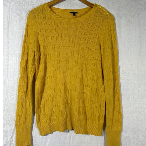 Talbots Sweater Large Mustard Yellow Cable Knit Lambswool Blend Button Detail - Picture 1 of 11